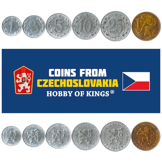 6 Coins from Czechoslovakia. Money Set: 1, 3, 5, 10, 25 HELLERS, 1 KORUNA. Old Collectible Czecho-Slovak Currency. 1953-1960