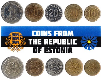 5 Estonian Coins. Different Coins From Baltics. Foreign Currency, Valuable Money