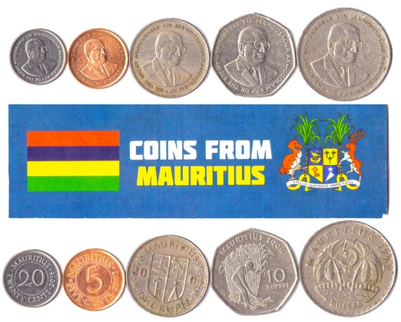 5 Mauritian Coins. Different Collectible Coins From Africa. Foreign Currency from Mauritius