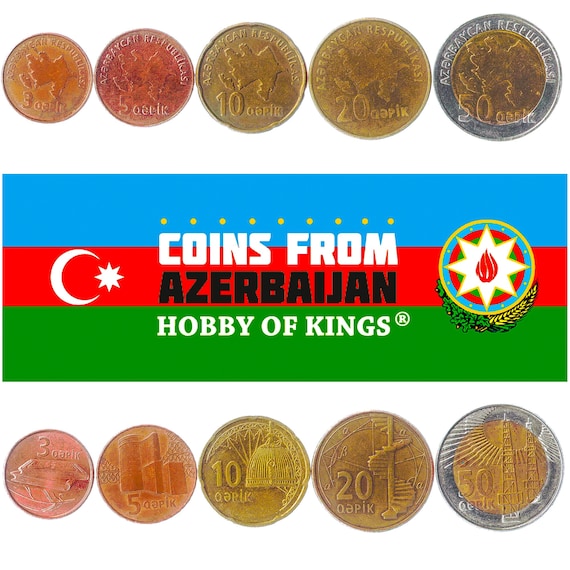 5 Azerbaijan Coins. Different Coins From Eurasia. Foreign Currency, Valuable Money Qəpik since 1992