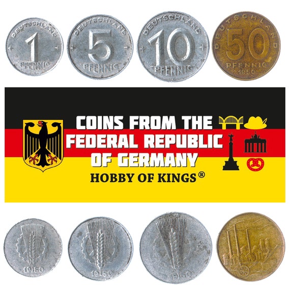 German Democratic Republic 4 Coin Set 1 5 10 50 Pfennig | Factory | Toothed Wheel | Plowcart | German Democratic Republic | 1948 - 1950