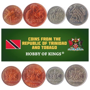 Set of 4 Coins from Trinidad and Tobago: 1, 5, 10, 25 Cents. Collectible Caribbean Currency, Money Collection 1976-2016