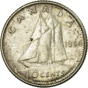 Canadian Coin Canada 10 Cents | Queen Elizabeth II | Bluenose Ship | 1965 - 1966