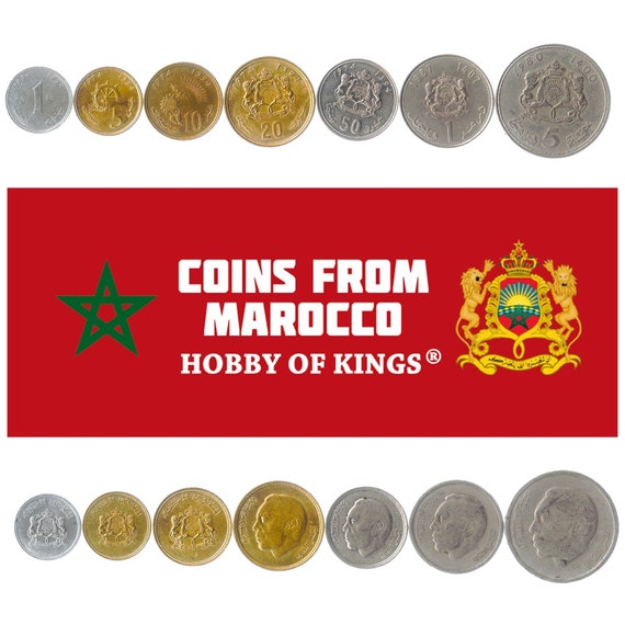 Set of 7 Coins from Morocco: 1, 5, 10, 20, 50 Santimat, 1, 5 Dirham. Old Collectible Moroccan Money. Foreign Currency 1974-1980