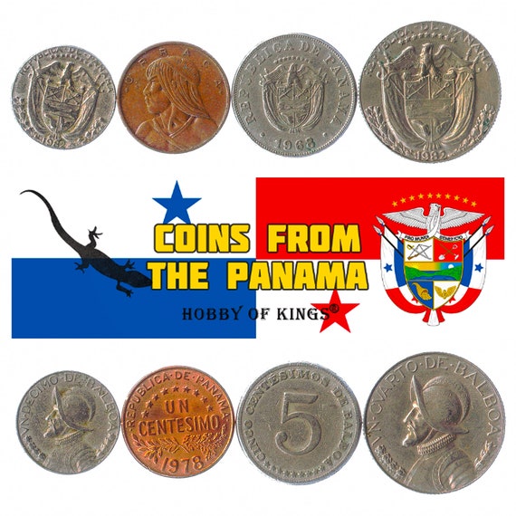 4 Different Panamanian Coins. Money from Central America. 1 Centésimo - 1/4 Balboa. Old Collectible Foreign Currency from Panama