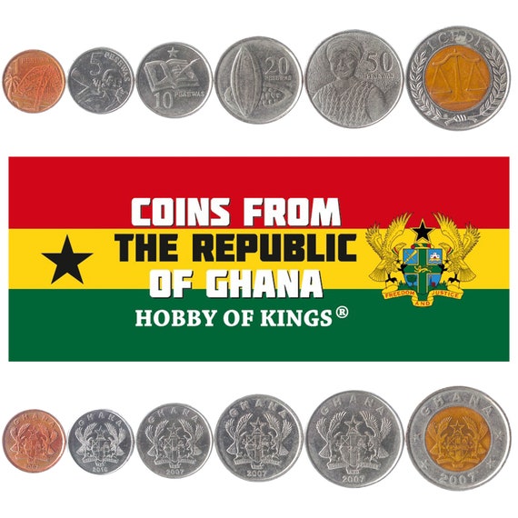 Ghanaian 6 Coin Set 1 5 10 20 50 Pesewas 1 Cedi | Cocoa pod | Eagle | Bridge | Shield | Scales of Justice | Blow Horn | Pen | 2007 - 2020