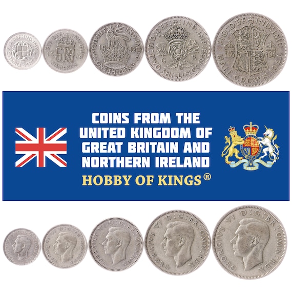 British 5 Coin Set 3 6 Pence 1 2 Shillings 1/2 Crown | George VI | Tudor Rose | United Kingdom | 1937 - 1946