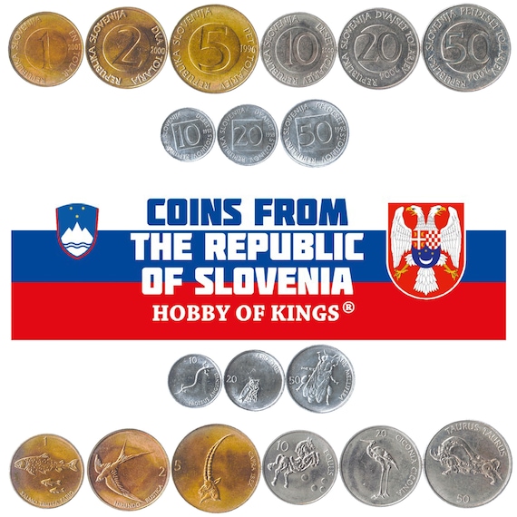 Slovene 9 Coin Set 10 20 50 Stotinov 1 2 5 10 20 50 Tolarjev | Salamander | Alpine Ibex | Owl | Stork | Trout | Slovenia | 1992 - 2006