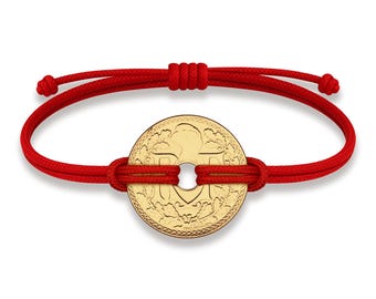Bracelet porte-bonheur | Ficelle rouge avec pièce de 10 centimes porte-bonheur France | Bracelet Fortune Wealth & Protection Plaqué or 18 carats