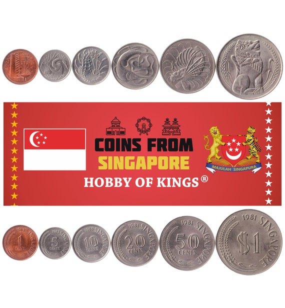 Singaporen 6 Coin Set 1 5 10 20 50 Cents 1 Dollar | Old Collectible Singapore Currency | Sea Animal Swordfish Snake Seahorse 1976 - 1985