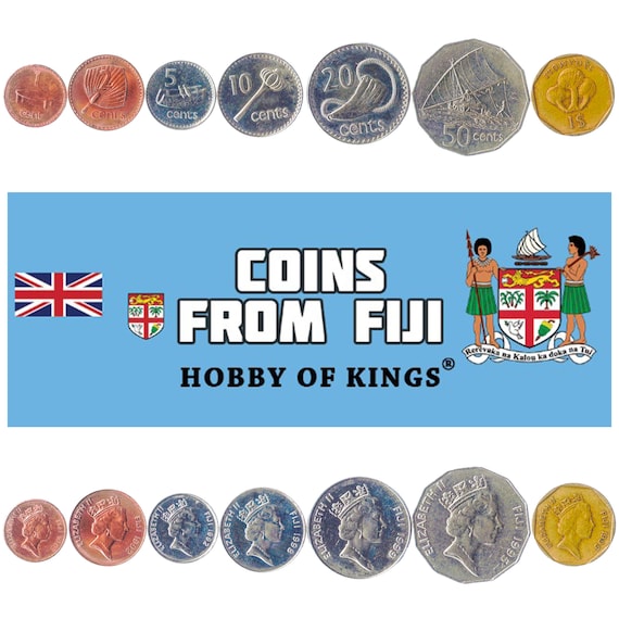 Fijian 7 Coin Set 1 2 5 10 20 50 Cents 1 Dollar | Elizabeth II | Canoe | Fijian drum | Throwing club | Kava bowl | Saqa moli | 1990 - 2006