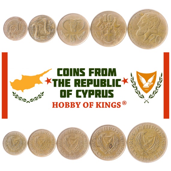 5 Coins from Cyprus. Money Set: 1, 2, 5, 10, 20 Cents. Old Collectible Cypriot Currency 1985-1990