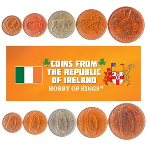 5 Different Irish Coins. Old Money From Ireland. Foreign Currency from Island: Penny, Scilling image 1