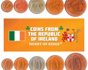5 Different Irish Coins. Old Money From Ireland. Foreign Currency from Island: Penny, Scilling