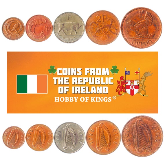 5 Different Irish Coins. Old Money From Ireland. Foreign Currency from Island: Penny, Scilling
