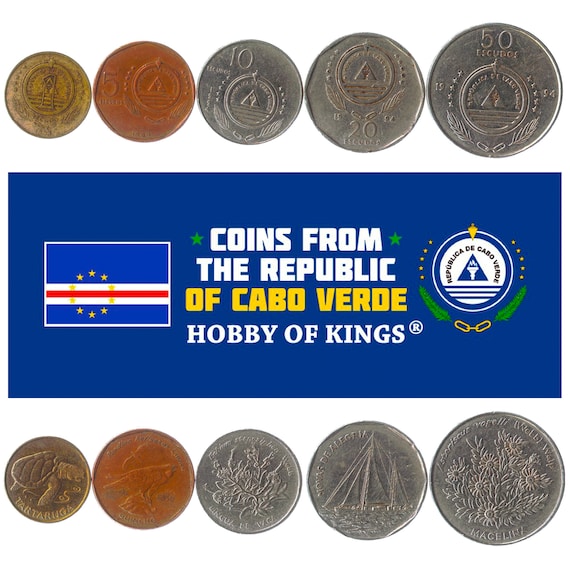 5 Different Commemorative Coins from Cape Verde. 1-50 Escudos. Old Collectible African Money 1994