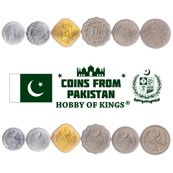 Set of 6 Coins from Pakistan: 1, 2, 5, 10, 25, 50 Paisa. Collectible Middle Eastern Currency, Old Pakistani Money Collection 1967-1974
