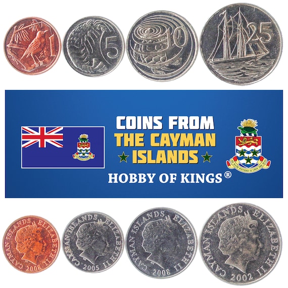 Set of 4 Coins from Cayman Islands: 1, 5, 10, 25 Cents. Old, Collectible Caribbean Currency, Money Since 1999