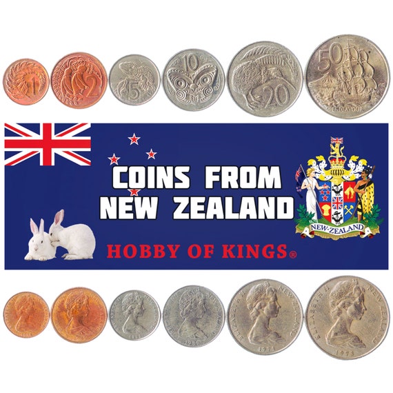 Set of 6 Coins from New Zealand: 1, 2, 5, 10, 20, 50 Cents. Oceania Currency, Money Collection with the Queen Elizabeth II 1967-1985