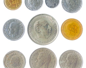 10 Spanish Coins Pesetas Centimos Espana Money Collection Old Currency Spain Anchors Cogwheels Sailboats Eagle of Saint John since 1940
