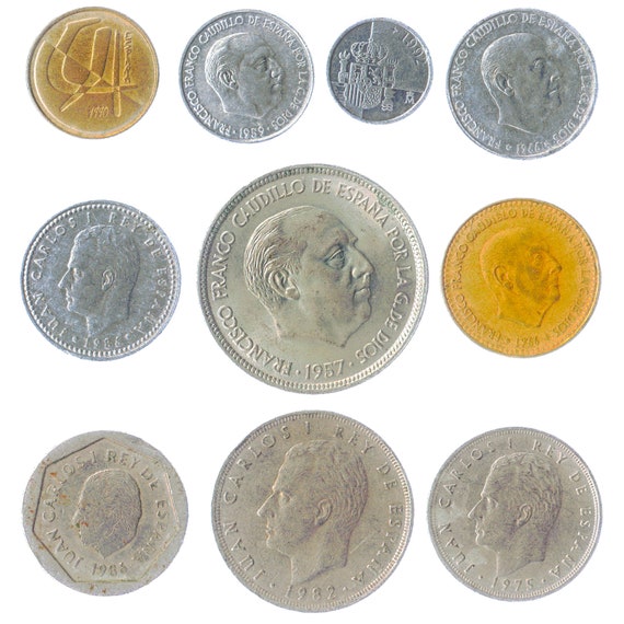 10 Spanish Coins Pesetas Centimos Espana Money Collection Old Currency Spain Anchors Cogwheels Sailboats Eagle of Saint John since 1940
