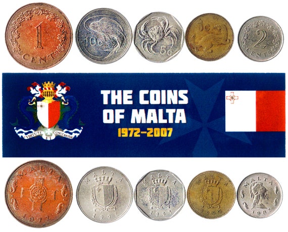 5 Maltese Coins. Different Coins Mediterranean. Foreign Currency, Valuable Money