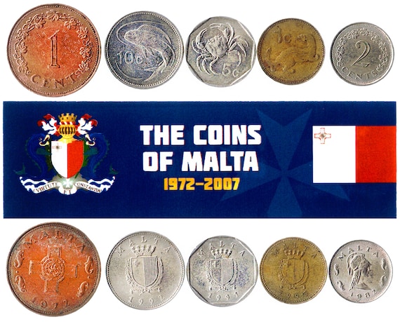 5 Maltese Coins. Different Coins Mediterranean. Foreign Currency, Valuable Money