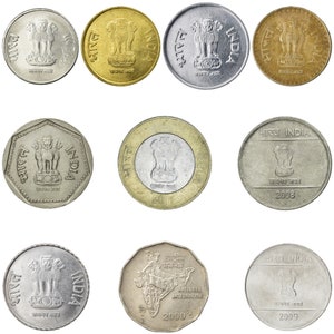 10 Monedas de la India / Colección de moneda india / 1 2 5 10 rupias / Dinero extranjero / Monedas coleccionables / 1983 - 2019