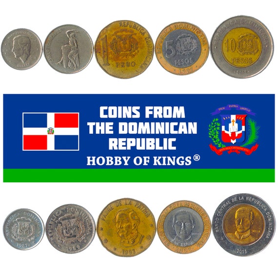 5 Different Coins from Dominican Republic. Old Collectible Caribbean Money, Foreign Currency: Centavos, Pesos