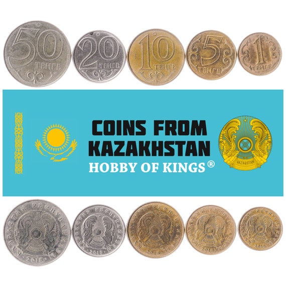 Set of 5 coins from Kazakhstan. 1, 5, 10, 20, 50 Tenge. Old Collectible Money