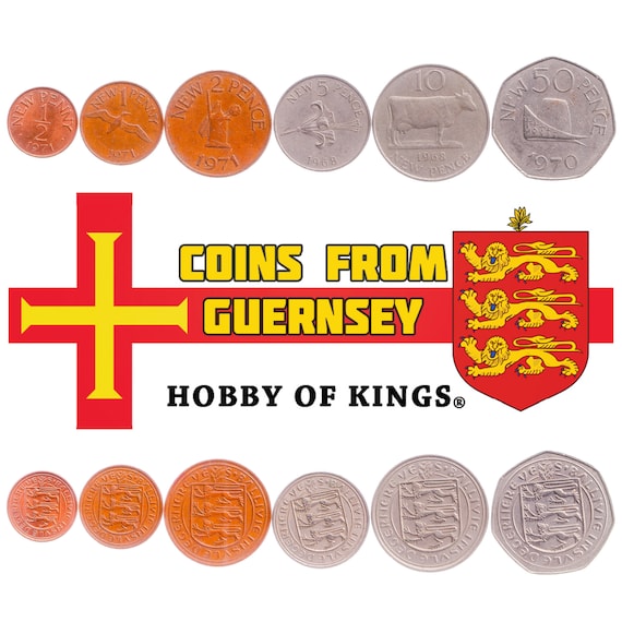 Giernésiais 6 Coin Set 1/2 1 2 5 10 50 New Pence | Cattle | Northern Gannet | Leopard | Guernsey Lily | Guernsey | 1968 - 1971