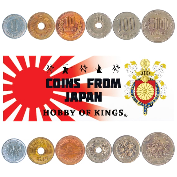 Set of 6 Coins from Japan. Money Set: 1, 5, 10, 50, 100, 500 Yen. Old Japanese Currency. Shōwa Numismatic Period 1955-1989