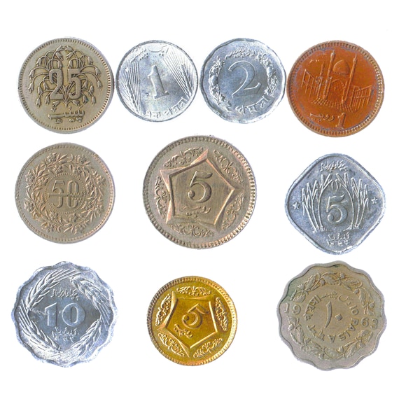 Different 10 Coins from the Islamic Republic of Pakistan, Old Asian Collectible Money: Paisa, Rupees. Currency since 1961