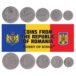 Puede incluir: Una colección de monedas de plata de la República de Rumania, con diferentes denominaciones y fechas. Las monedas muestran una variedad de diseños, incluyendo una fábrica, un tractor y un escudo de armas. Las monedas están dispuestas sobre un fondo azul, amarillo y rojo con el texto "COINS FROM THE REPUBLIC OF ROMANIA HOBBY OF KINGS®".