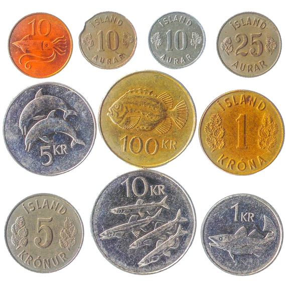 10 Different Coins from Iceland. Old Collectible Icelander Money from Nordic Island. Scandinavian Currency: Aurar, Kronur since 1946