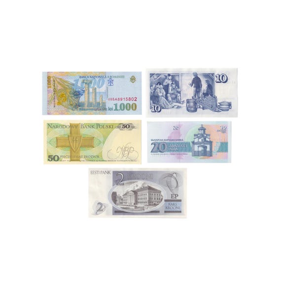 5 Banknote Set from Europe | Bulgaria | Iceland | Poland | Romania | Estonia