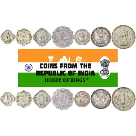 Set 7 Coins India 2 5 10 25 50 Paise 1 2 Rupees Indian Money Lion Capital of Ashoka Corn Stalks Lion Capital of Ashoka 1971 - 1984