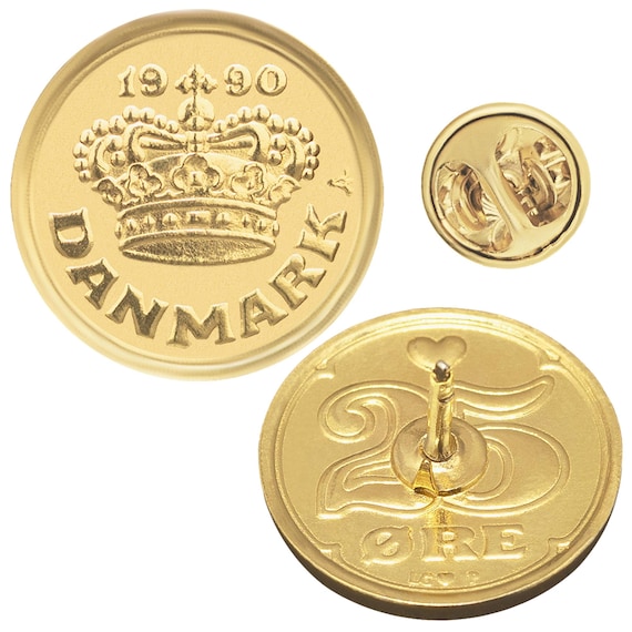 Denmark Coin Pin Brooch Badge | Butterfly Clutch Fastener | Vintage Collectible Jewelry | Genuine 25 Øre | Margrethe II Crown