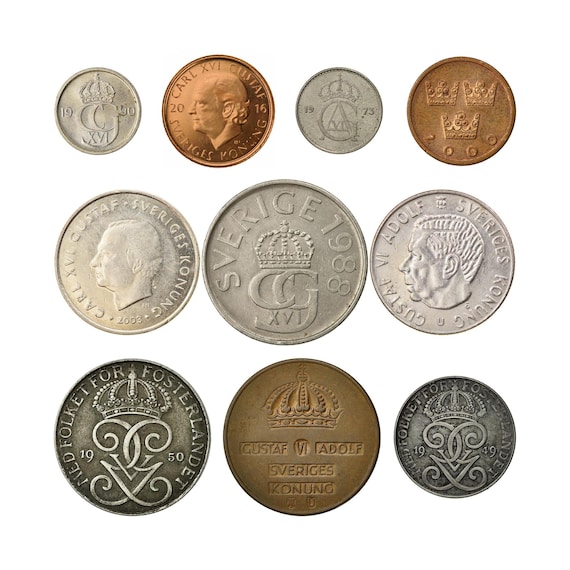 Swedish Coin Collection: 10 Foreign Money Coins (1942-2016)