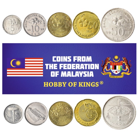 5 Malaysian Coins | Mixed Currency | Sen | Ringgit | Agong | Traditional Malayan Symbols