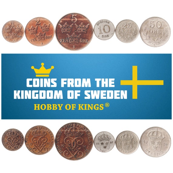 Swedish 8 Coin Set 1 2 5 10 25 50 Öre 1 2 Kronor | King Gustaf V | Three Crowns | Sweden | 1909 - 1950