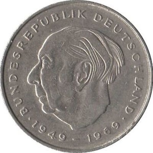Alemania Occidental 2 Deutsche Mark Coin / Presidente Theodor Heuss / 1970 - 1987