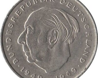West Germany 2 Deutsche Mark Coin | President Theodor Heuss | 1970