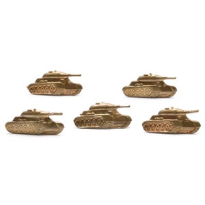 May include: Five miniature gold-colored toy tanks, each with a detailed design, are arranged in a row on a white background.