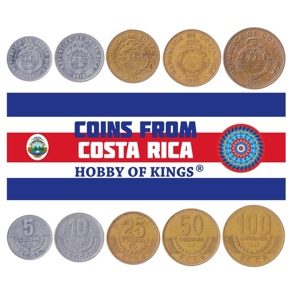 5 Costa Rican Coins | Mixed Collectible Currency Colones | Volcanoes | Christopher Columbus Money