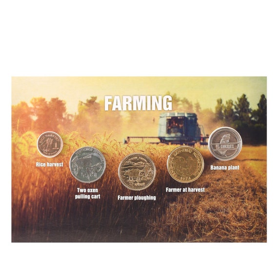 Farming 5 Coin Set | Blistercard | Rice Harvesting | Oxes and carts | Farmers ploughing | Banana plants