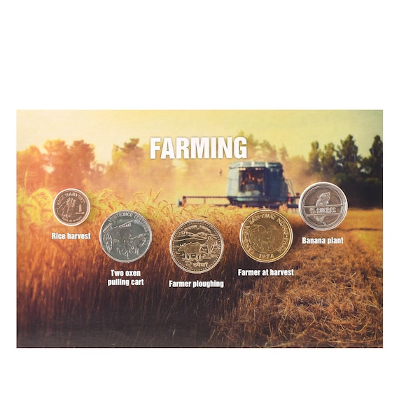 Farming 5 Coin Set | Blistercard | Rice Harvesting | Oxes and carts | Farmers ploughing | Banana plants