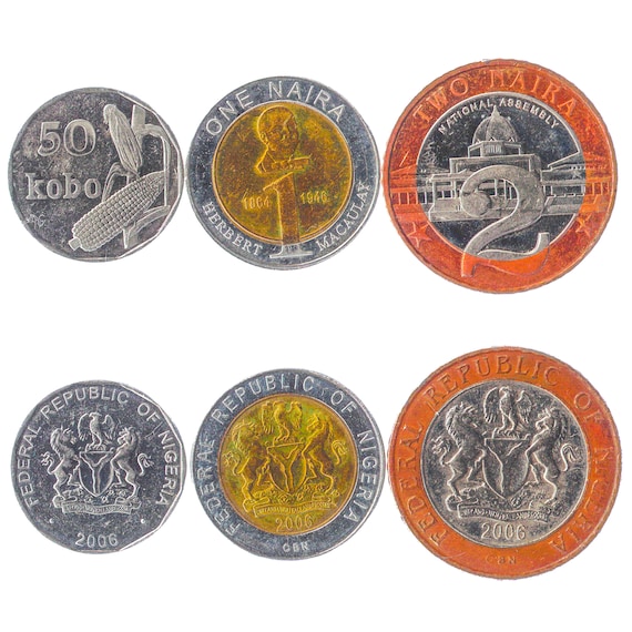 Set of 3 Coins from Nigeria. 50 Kobo, 1, 2 Naira. Old Collectible West African Money, Nigerian Currency