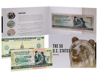 100ドル紙幣の置き物 アメリカ 100 ドル紙幣 | モンタナ州記念品 | グリズリー ベア