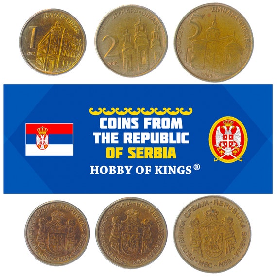 3 Coins from Serbia. Country in Balkans. 1, 2, 5 Dinars. Old Collectible Serbian Money